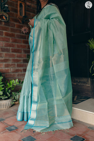 Maheshwari Silk Cotton - Pastel Blue with Broad Sky Blue Zari border