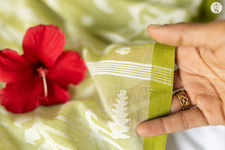 Bengal Cotton - Pastel Green with White Lines with Butta Jamdani