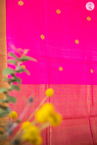 Chanderi Silk - Saree - Rani Pink with Gold Flower Motifs