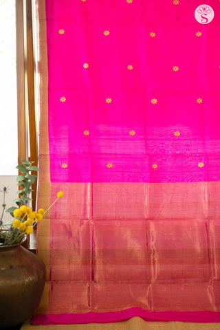 Chanderi Silk - Saree - Rani Pink with Gold Flower Motifs