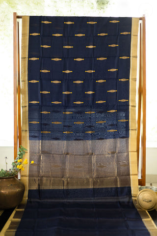 Chanderi Silk - Saree - Midnight Blue with Large Gold Motifs