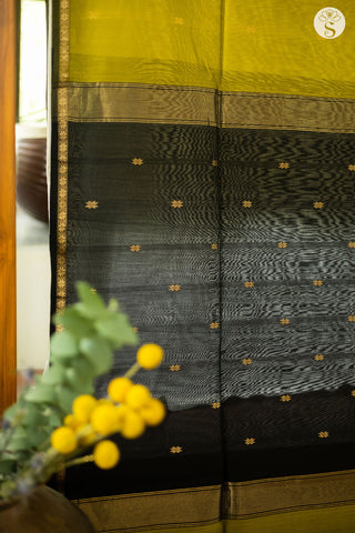 Maheshwari Silk Cotton - Saree - Mehendi Green with small buttas and Black Pallu