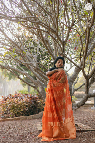 Jarigai Lines - Chanderi Silk Cotton - Sunset Orange