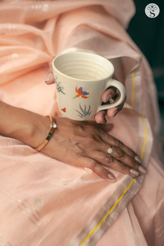 Chanderi Silk Cotton - Peach with Silver border and Dot & 3 Lines Motif