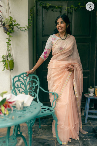 Chanderi Silk Cotton - Peach with Silver border and Dot & 3 Lines Motif