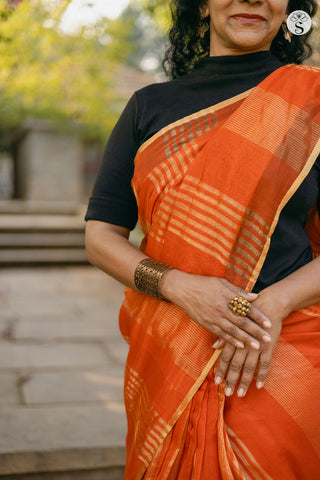 Jarigai Lines - Chanderi Silk Cotton - Sunset Orange