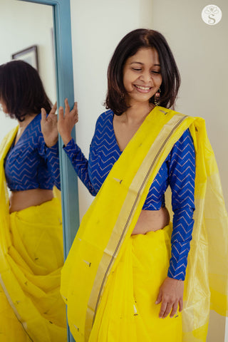 Chanderi Silk Cotton - Saree - Bright Yellow with Silver motifs