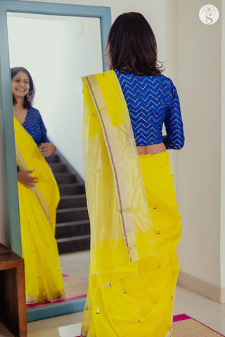 Chanderi Silk Cotton - Saree - Bright Yellow with Silver motifs