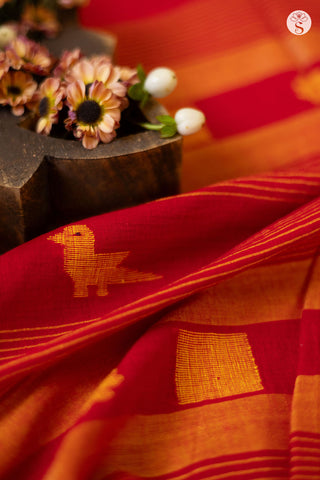 Mul Cotton - Red with Yellow Bird motifs