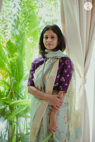 Chanderi Silk - Saree - Light Blue Checks with Gold Floral motifs