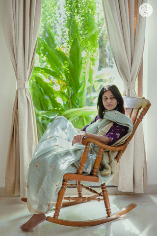 Chanderi Silk - Saree - Light Blue Checks with Gold Floral motifs