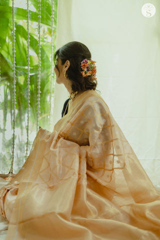 Chanderi Silk - Saree - Peach with Gold Jalli design and Small Silver Floral motifs