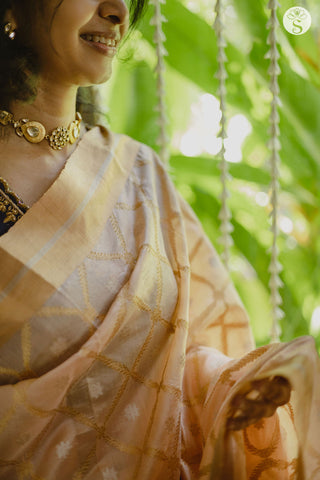 Chanderi Silk - Saree - Peach with Gold Jalli design and Small Silver Floral motifs