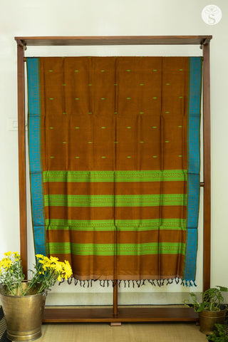 Chettinad Cotton - Saree - Brown with Copper Sulphate Blue border