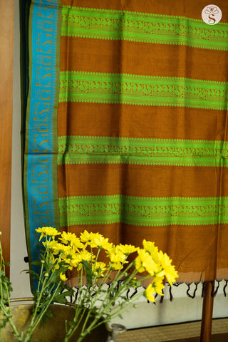 Chettinad Cotton - Saree - Brown with Copper Sulphate Blue border