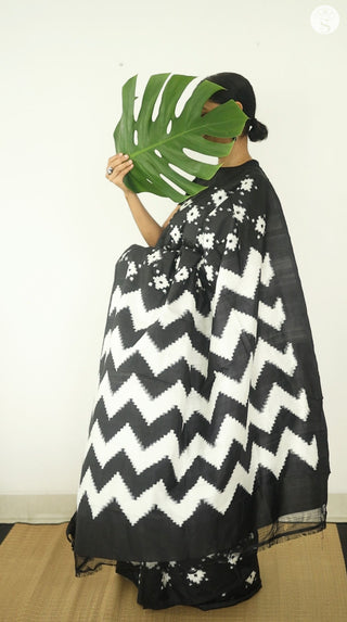 Double Ikat - Saree - Silk - Black with White motifs
