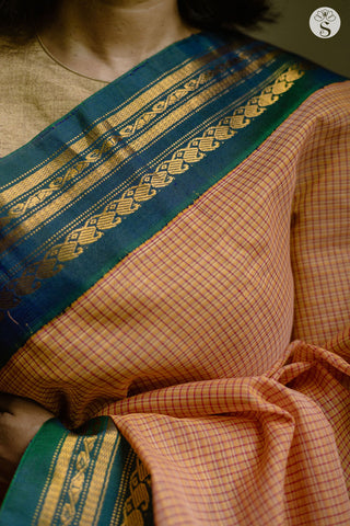 Kuttu Gadwal - Cotton - Light Orange with Coppersulphate Blue pattu border