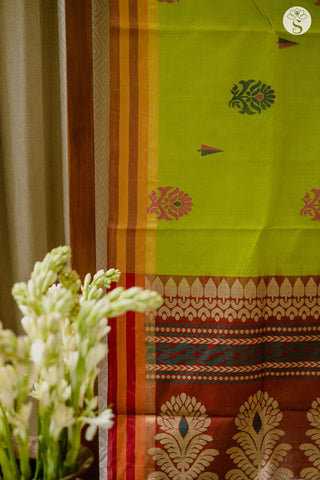 Cotton Saree - Green with a broad Orange and Red border