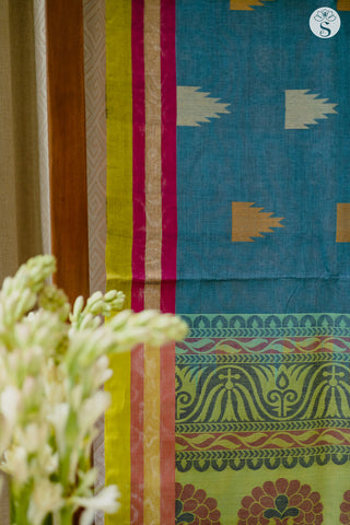 Cotton Saree - Blue with a Triple border of Light green, Pink and Gold