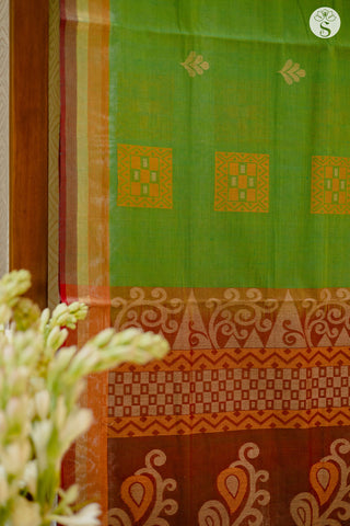 Cotton Saree - Green with Orange and Red border