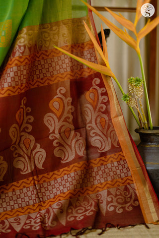 Cotton Saree - Green with Orange and Red border