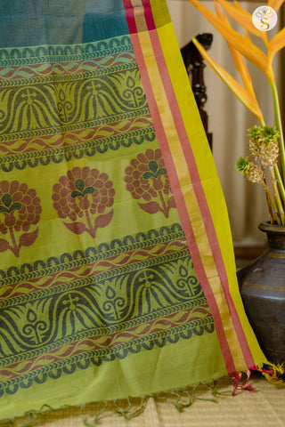 Cotton Saree - Blue with a Triple border of Light green, Pink and Gold