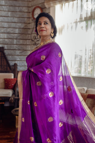 Chanderi Silk -  Saree - Purple with Gold and Red motifs