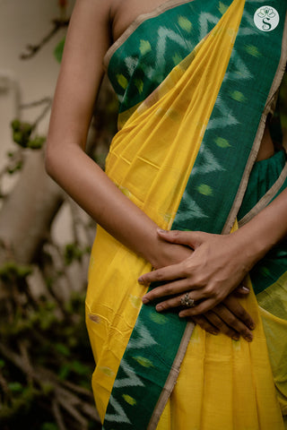 Chinnalampatti Ikat - Cotton - Lemon Yellow with Bottle Green