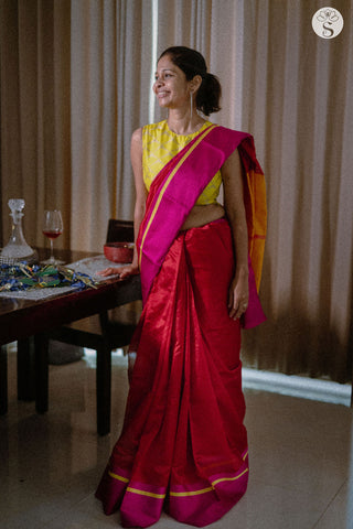 Chanderi Silk - Saree - Red Silk with Pink and Yellow line Satin border