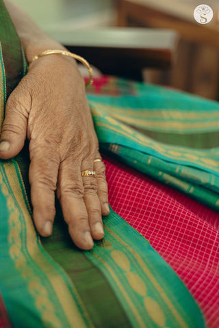 Kuttu Gadwal Saree - Cotton - Pink with Teal Green border