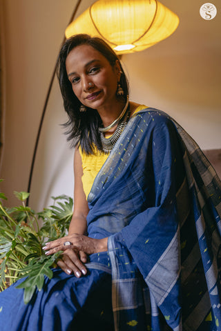 Bengal Cotton - Indigo with Yellow Jamdani Butti