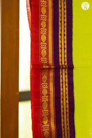 Kuttu Gadwal Saree - Cotton - Light Green with a dual tone Purple and Red pattu border