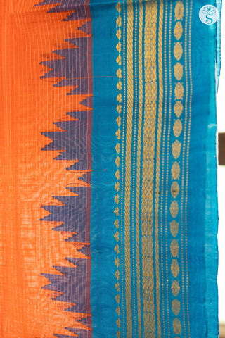 Kuttu Gadwal Saree - Cotton - Orange with Turqoise Blue pattu border