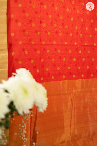 Chanderi Silk - Saree - Red with Gold zari polka dots