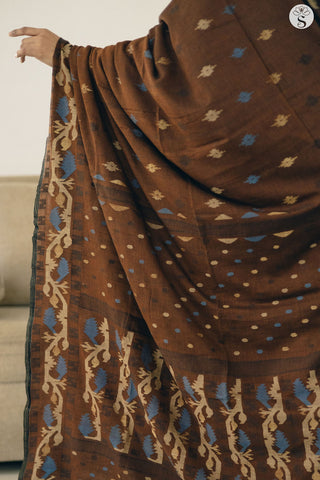 Mul Cotton - Chocolate Brown with Beige & Blue Jamdani