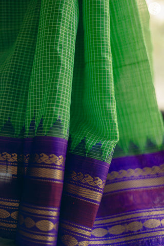 Kuttu Gadwal Saree - Cotton - Parrot Green with Purple pattu border