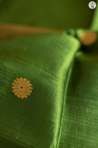 Chanderi Silk - Saree - Moss Green with Round Gold Motifs