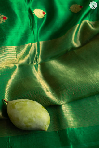 Chanderi Silk -  Bottle Green with Gold Foliage motifs