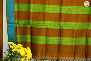 Chettinad Cotton - Saree - Brown with Copper Sulphate Blue border