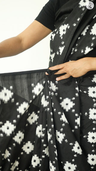 Double Ikat -  Saree - Silk - Black with White motifs