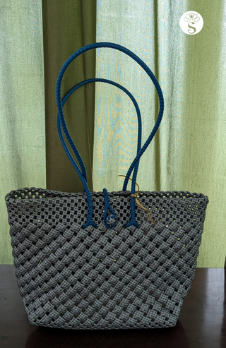 Metallic KoodaTote - Silver & Peacock Blue Handle- Biscuit Weave (M)