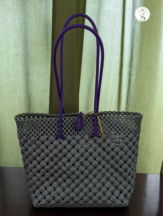 Metallic KoodaTote - Silver & Purple Handle- Biscuit Weave (M)