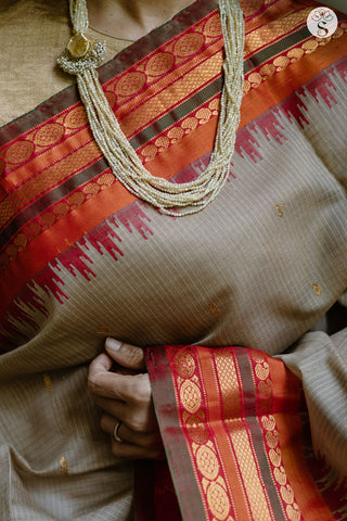 Gadwal Saree - Silk Cotton - Beige with Red/Orange/ Green pattu border