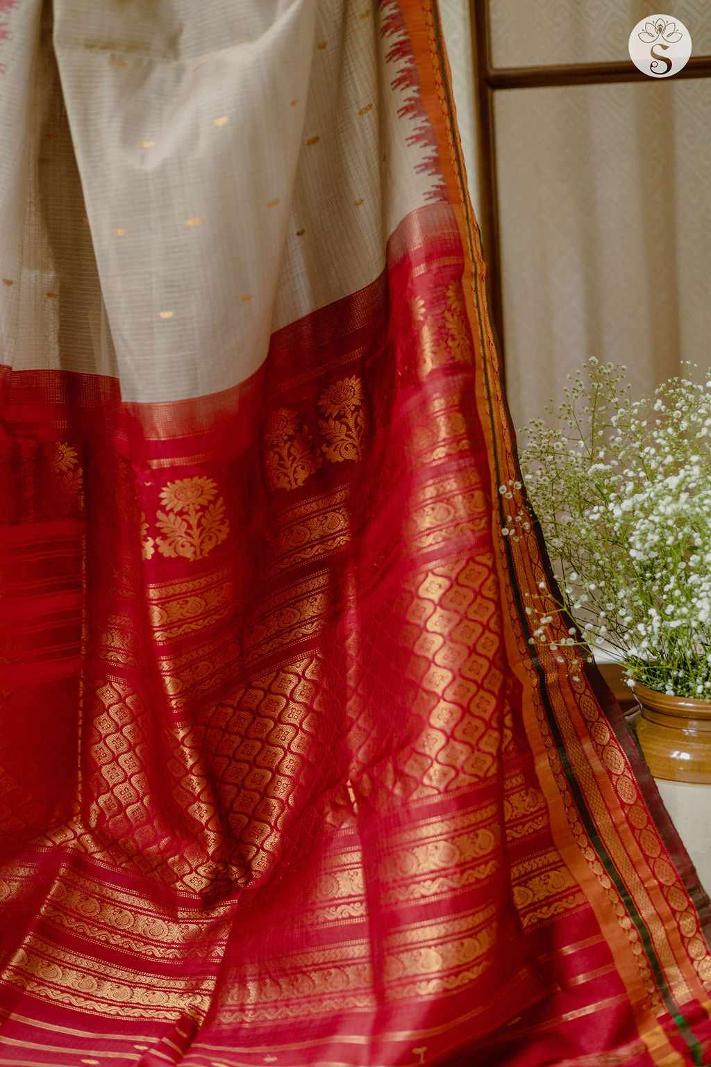 White Kanchipuram Silk Saree with Red Long Border