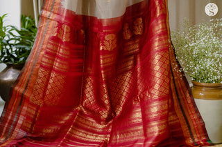 Gadwal Saree - Silk Cotton - Beige with Red/Orange/ Green pattu border