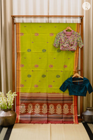 Cotton Saree - Green with a broad Orange and Red border