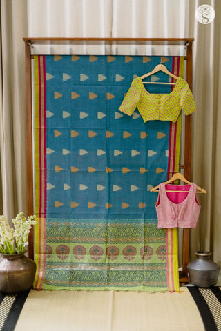 Cotton Saree - Blue with a Triple border of Light green, Pink and Gold