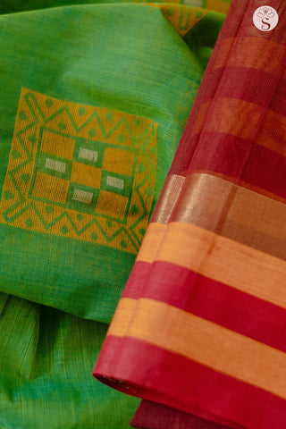 Cotton Saree - Green with Orange and Red border