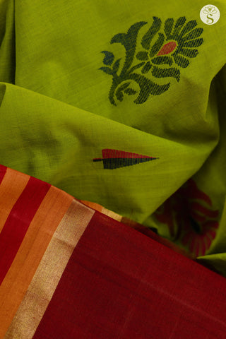 Cotton Saree - Green with a broad Orange and Red border